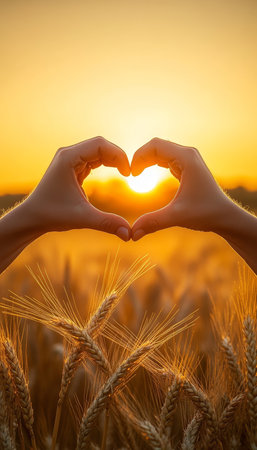 Golden Hour Embrace Heart-Shaped Hands Over Wheat Field at Sunset, Symbolizing Love and Harmonyの素材