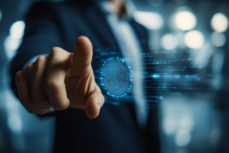 Security Technologies Concept Man Accessing Secure Digital Information with Biometric Verificationの素材
