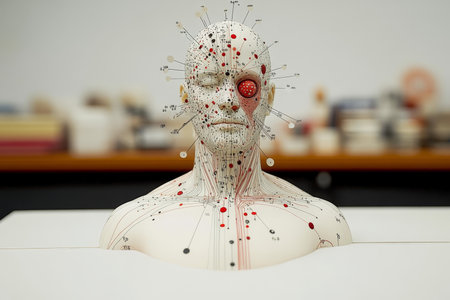 Surreal Artistic Representation of Wellness with Augmented Anatomical Head on Neutral Backgroundの素材