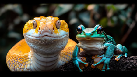 Serene Encounter Close-Up of an Orange Snake and a Green Tree Frog Coexisting Peacefully in Natureの素材