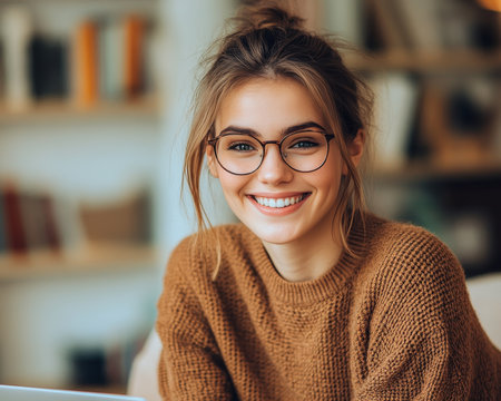 Cheerful student with glasses laughing while studying online on a digital laptop in college library.の素材