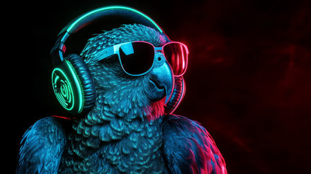 A Colorful Neon Parrot DJ Mixing Vibrant Beats at a Party, Bringing Energy and Fun to the Sceneの素材