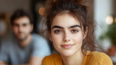Portrait of a Young Woman with Messy Hair, Focused Expression, Office Environment Blurred Behindの素材