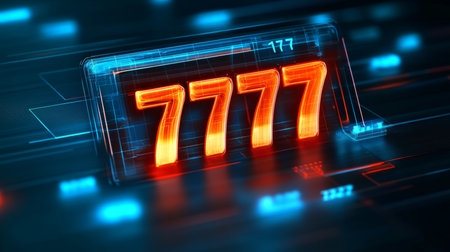 A Stunning 3D Graphic of the Digital Number 7777 Set Against a Vibrant Futuristic Landscapeの素材
