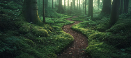 Serene and Peaceful Forest Pathway Surrounded by Lush Greenery and Sunlight Filtering Through Treesの素材