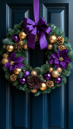 Beautifully Decorated Christmas Wreath on a Dark Blue Door with Golden and Purple Holiday Ornamentsの素材