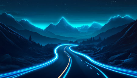 Night Drive on Scenic Mountain Road with Blue Light Trails Creating a Serene Atmosphereの素材