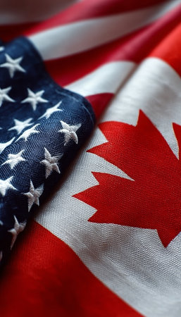 Close-up of United States and Canadian Flags Symbolizing Trade Relations and Cooperationの素材