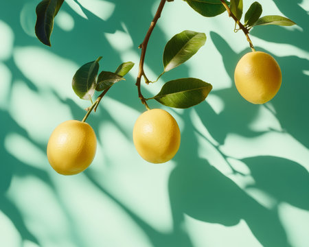 Vibrant Yellow Citrus Fruits Hanging on Lush Green Tree Branches, Bathed in Warm Sunlight Outdoorsの素材