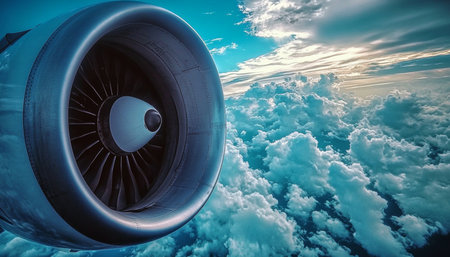 Majestic Jet Engine Soars Through the Sky, Capturing the Beauty of Clouds and Earth Belowの素材