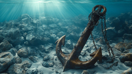 Captivating Underwater Scene Featuring a Weathered Anchor Nestled Among Vibrant Coral Reefs and Fishの素材