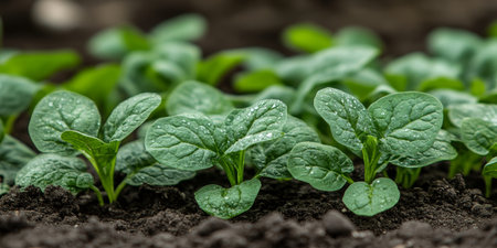 Fresh Spinach Sprouts Emerging from Garden Soil, Vibrant Green Leaves in Close-Up Detailの素材
