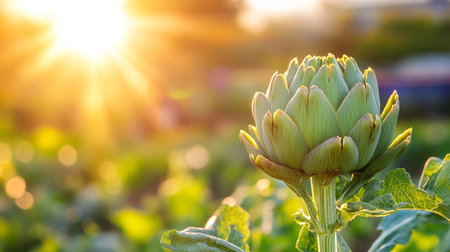 Stunning Close-Up of Fresh Artichoke Surrounded by Lush Greenery Under a Beautiful Sunset Skyの素材