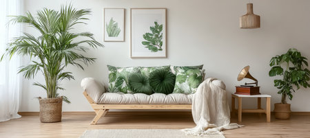 Chic living room decor with a green pillow sofa, houseplants, and a vintage gramophone accent.の素材