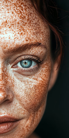 Stunning Close-Up of Freckled Skin with a Mesmerizing Blue Eye, Celebrating Natural Beauty and Charmの素材