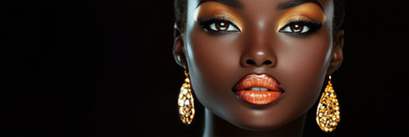 Glamorous African Woman Showcasing Stunning Fashion Portrait with Elegant Gold Makeup and Jewelryの素材
