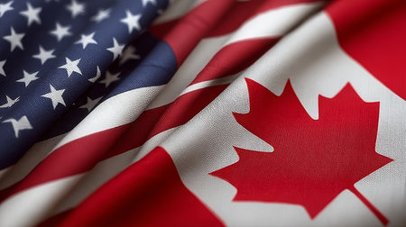 Intertwined Flags of USA and Canada Symbolizing Friendship and Collaboration in North Americaの素材