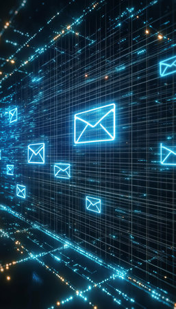Floating Electronic Mail Icons Representing Digital Communication and Connectivity in Modern Societyの素材
