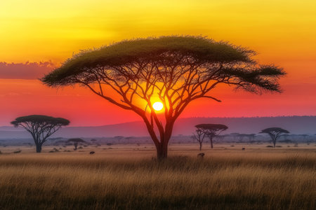Stunning African Sunset Over the Savanna with Majestic Acacia Trees Silhouetted Against the Skyの素材