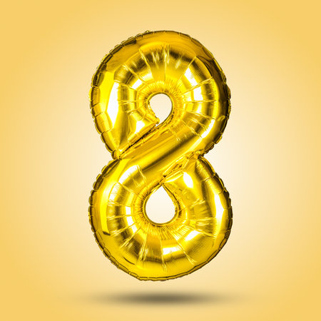 Golden Number Eight Balloon Isolated on Yellow Background for Celebrations and Designs