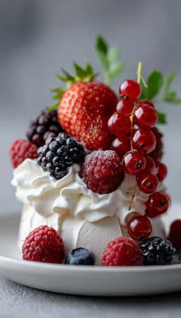 Exquisite Pavlova Dessert Showcasing a Crisp Meringue Base, Lush Whipped Cream, and Vibrant Berriesの素材