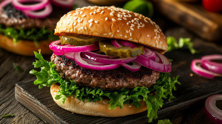A Gourmet Indulgence A Savory Sesame Seed Bun Burger Creation Stacked with Fresh Produce and Flavorの素材