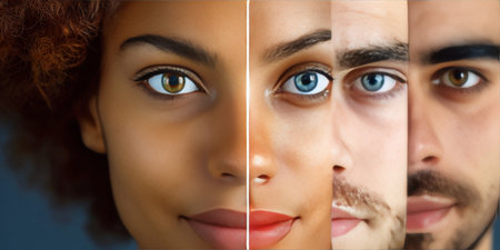 Diverse Faces Collage Showcasing Human Connections Through Varied Eye Colors and Emotive Expressionsの素材