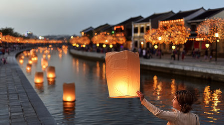 Floating Lanterns Illuminating a Serene River at Night During Cultural Celebrations and Festivalsの素材