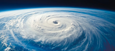 Stunning Satellite View of a Powerful Hurricane with a Vivid Eye Surrounded by Swirling Cloudsの素材