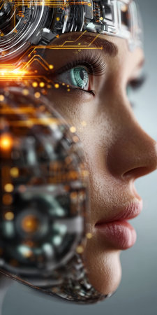 Futuristic Cybernetic Woman Showcasing Advanced Technology, AI Innovations, and Robotics Evolutionの素材
