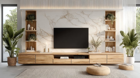 Chic modern living room interior with a sleek TV cabinet, decorative shelving, and stylish accents.の素材
