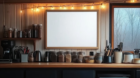 Inviting kitchen interior with a blank framed poster above a countertop against a beadboard wall.の素材
