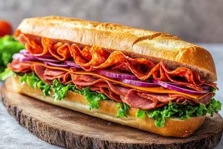 Generous Submarine Sandwich Filled with Deli Meats, Fresh Vegetables, and Tasty Sauces Delightの素材