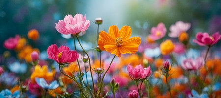 Vibrant meadow blossoms in vivid hues, blooming petals create serenity in summer s delicate embraceの素材