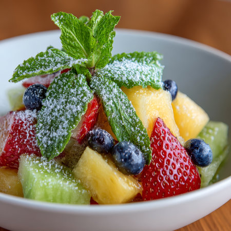 Colorful and Refreshing Morning Fruit Salad with Mint, Perfect for a Healthy Breakfast or Snackの素材