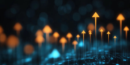 Futuristic Arrows Pointing Upward in a Digital Landscape, Symbolizing Growth and Innovationの素材
