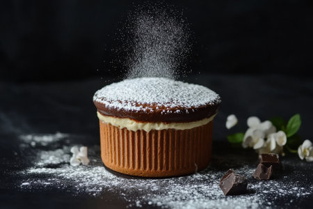 Chocolate Souffl with Powdered Sugar, Flowers, and Dark Chocolate for Elegant Dessertの素材