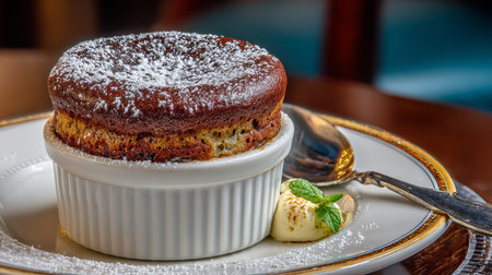 Decadent Chocolate Souffl Served  la Carte with Lemon Garnish and Elegant White Icing, Top Viewの素材