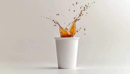Dynamic Spill of Dark Coffee from White Disposable Cup Captured in High-Speed Studio Imageの素材