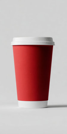 Red Disposable Paper Cup with White Lid and Base on White Backdrop for Hot Beverage Mockup Displayの素材