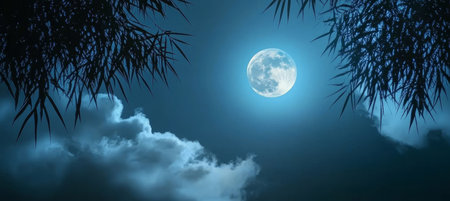 Enchanting Moonlight Filtering Through Whispering Bamboo in a Mystical Night Ambience with Blue Auraの素材