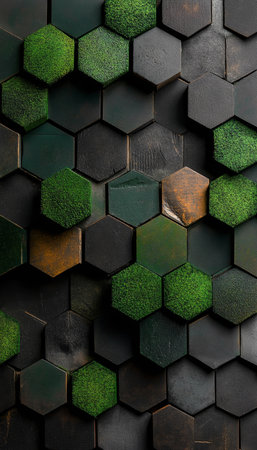 Vibrant Green Geometric Hexagonal Moss Covered Wall with Minimalistic Texture and Abstract Shapesの素材