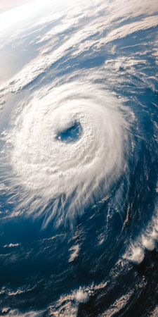 Aerial View of a Powerful Hurricane Swirling in the Ocean, Captured from Space Orbiting Earthの素材