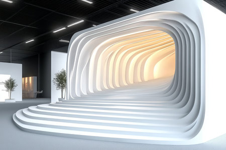 White Modern Abstract Exhibition Stand with Stairs, Futuristic Trade Show Booth Design Mockupの素材