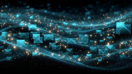 Futuristic Digital Data Stream with Glowing Blue Envelopes in 3D Virtual Space Backgroundの素材