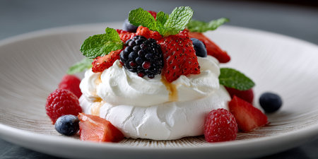 Elegant Pavlova Cake Topped with Fresh Berries and Whipped Cream on a Light and Airy Backgroundの素材