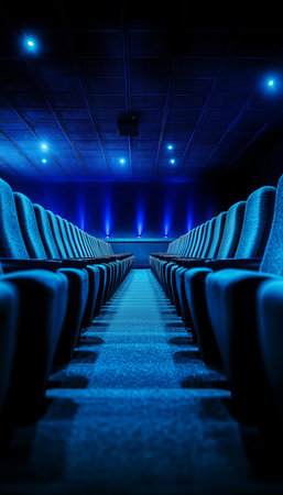 Eerie Cinema Hall with Blue Velvet Seats and Ambient Lights, Perfect for Cinematic Suspenseの素材