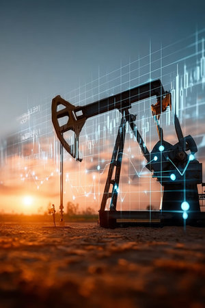 Silhouette of Technology and Automation in Petroleum Mining at Sunset for Financial Insightsの素材