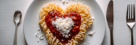 Heart Shaped Fusilli Pasta in a Romantic Setting with Rich Tomato Sauce and Parmesan Cheese Toppingの素材