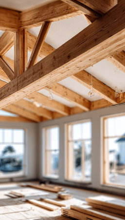 Beautiful Wooden Beams Framing Nature Views Indoors, Enhancing Aesthetic and Inviting Atmosphereの素材